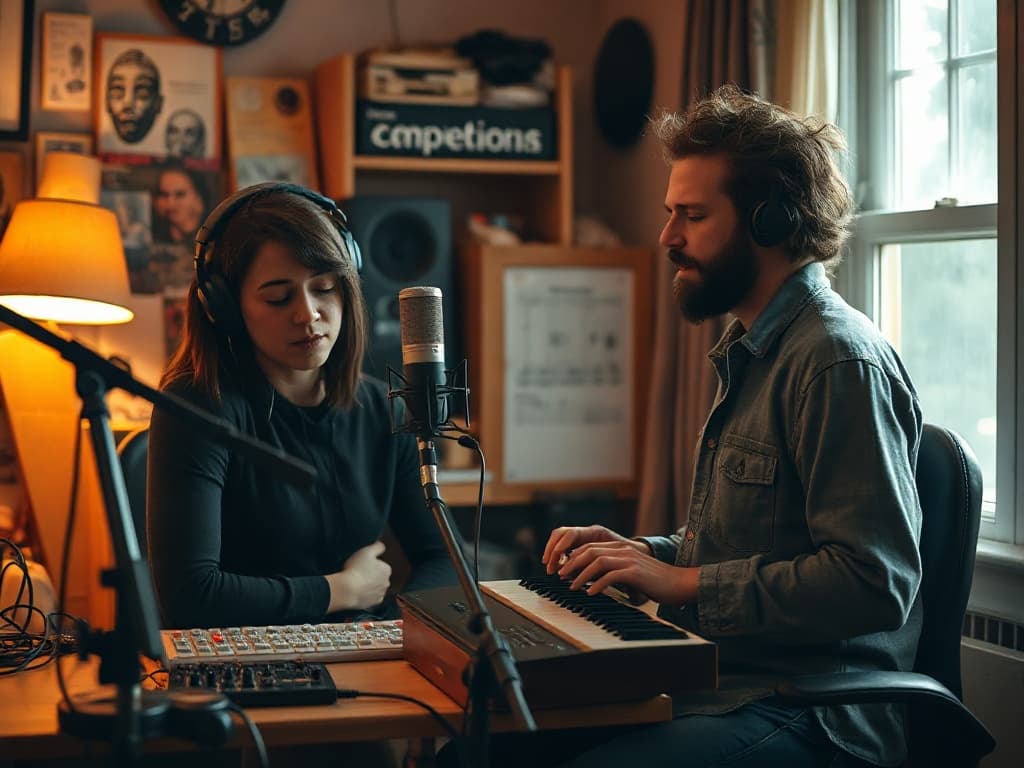 Paperline working a small home studio setup, two singers trading a verse