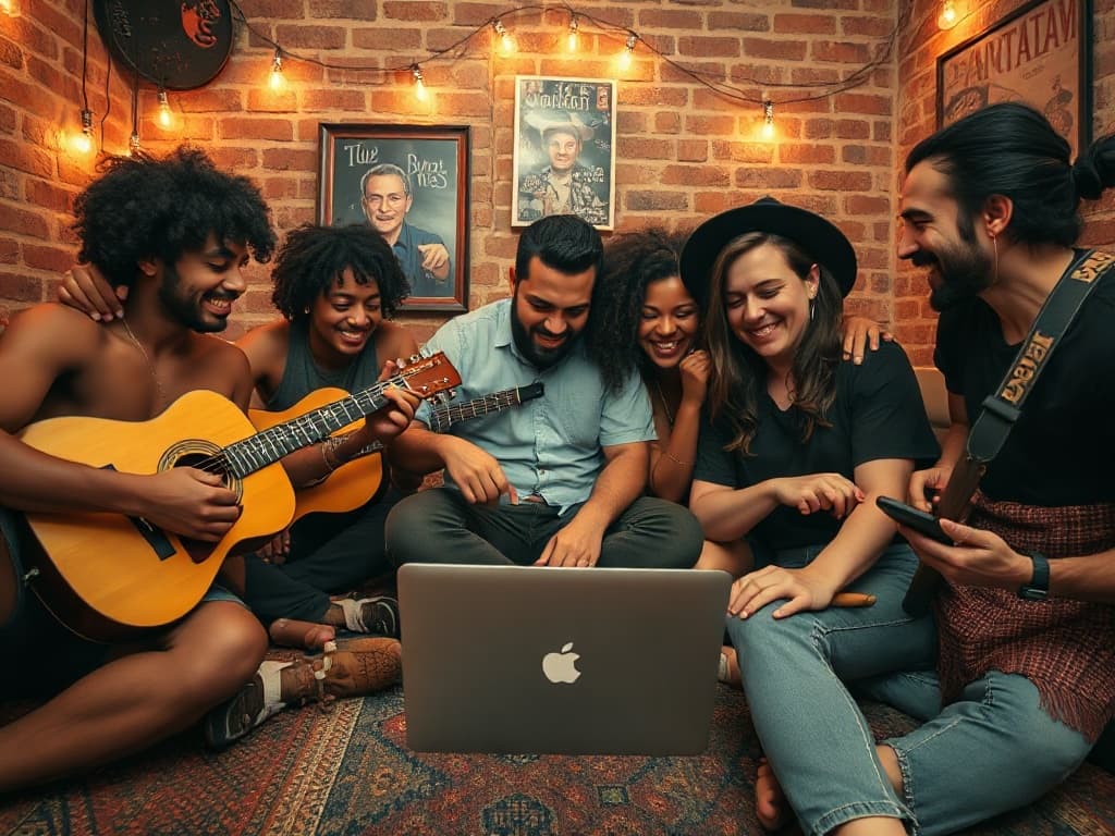 A cozy late-night project studio room with guitars, amps, and string lights